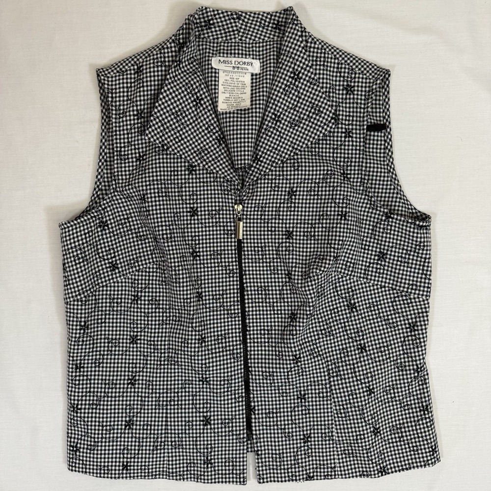 Miss Dorby Vintage Black White Check Embroidered Women's Sz 10p Sleeveless Vest